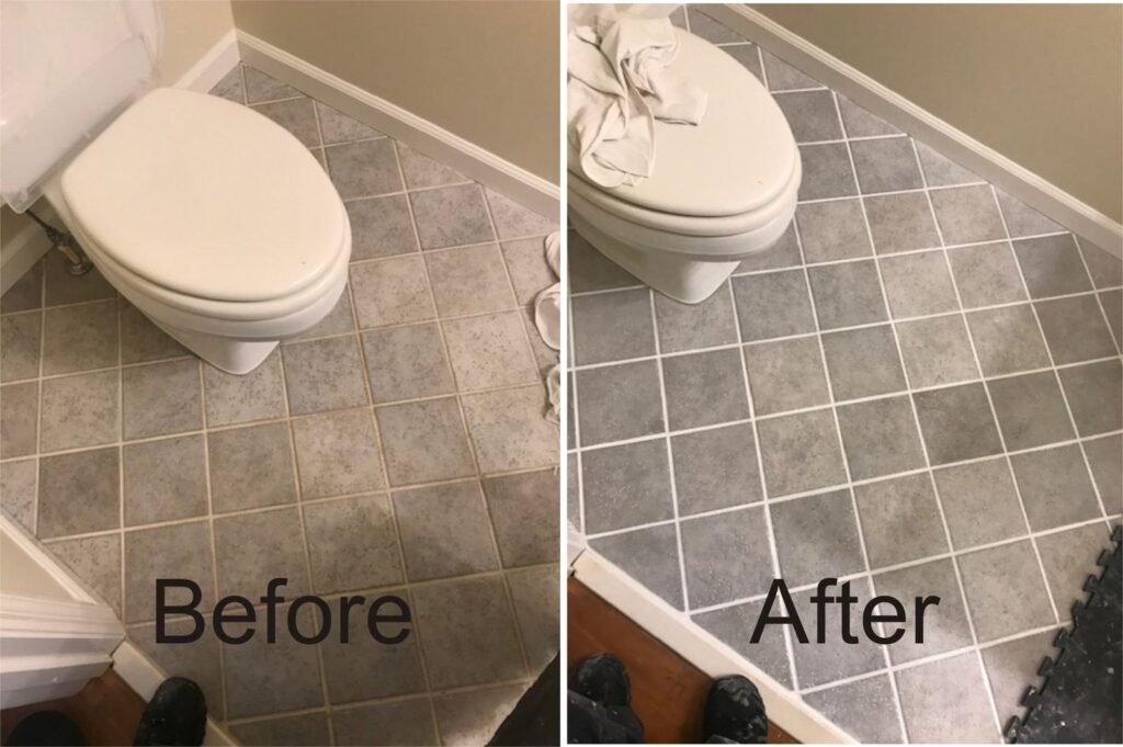 Before and after photos of a toilet-area tile floor: dirty grout on the left, clean restored grout on the right