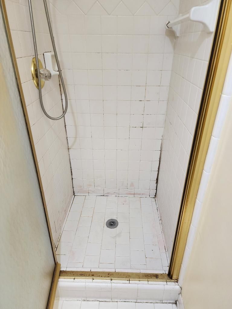 Tan tile shower with discolored, worn grout before restoration